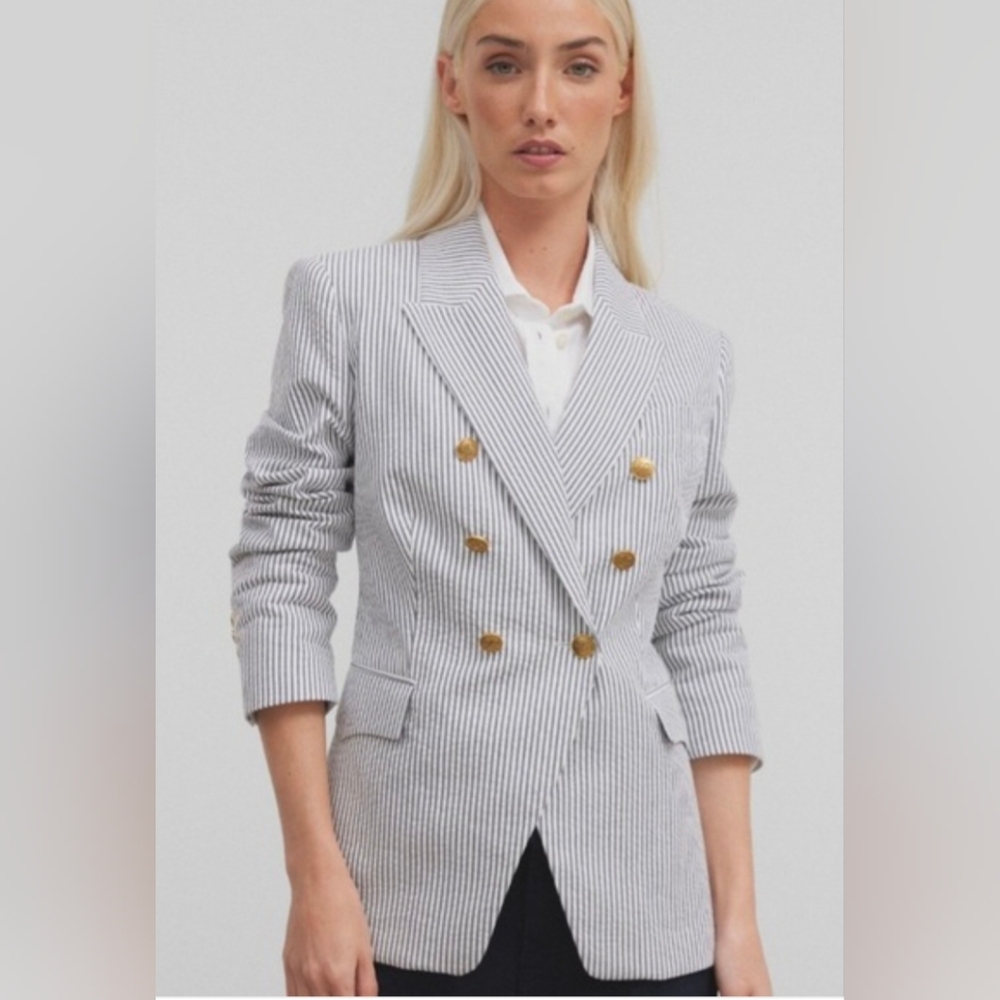 Joie White/Blue Striped Seersucker Blazer
